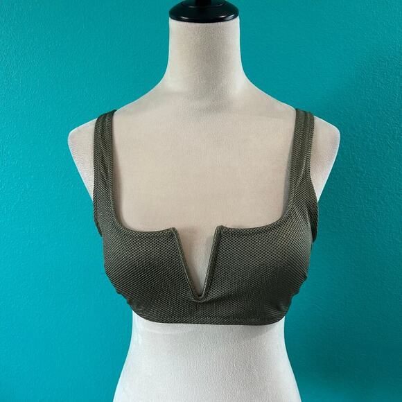 NWT Aerie Shine Pique V Wire Scoop Bikini Top Washed Olive Swm Beach Size L - Picture 3 of 5